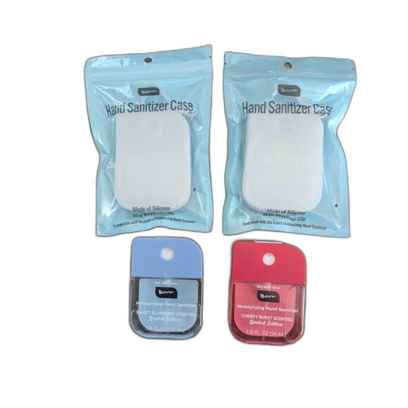 4 Bpure Hand Sanitizers and Cases - 2 Blueberry & 2 Cherry - 4 Glitter Cases - Picture 1 of 4